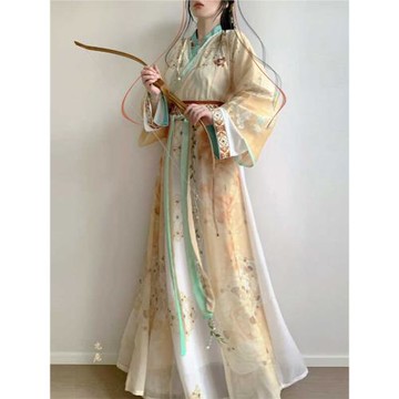 南山唐原創【黃金枝】漢服晉制交領一片式齊腰破裙國風日常三件套