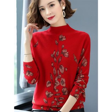 2025年秋冬新款100羊毛針織打底衫女半高領時尚印花寬松內搭毛衣