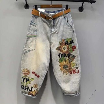 歐洲站2026夏季新款重工燙鉆印花寬松顯瘦做舊水洗松緊腰牛仔褲女