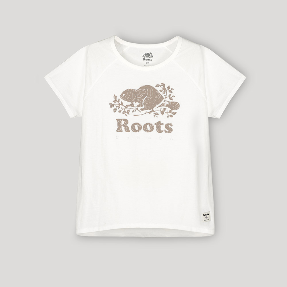 Roots女裝-開拓者系列 等高線海狸LOGO短袖T恤(白)