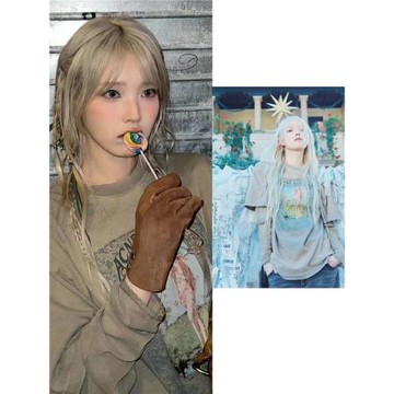 IU李知恩同款春秋美式復古印花寬松休閑假兩件潮百搭咖色長袖上衣