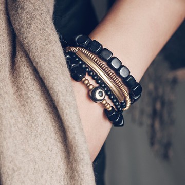 曲尾花原創復古風男士多層手鏈潮搭個性檀木火山石珠子串珠手串女
