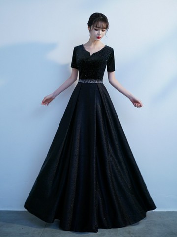 晚禮服連身裙  黑色晚禮服高級感2024新款氣質宴會小眾大合唱演出服連衣裙主持人