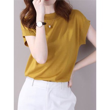 夏天減齡奶甜辣妹簡約純色百搭蝙蝠袖冰絲針織衫小個子短袖上衣女