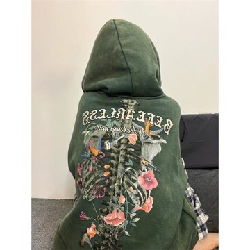 美式高街復古骷髏印花連帽衛衣女寬松情侶oversize麂皮絨外套上衣