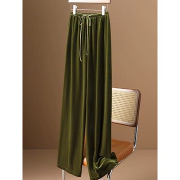 高端歐貨綠色金絲絨闊腿褲女2025春季新款寬松直筒痞雅運動休閑褲