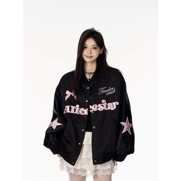 ONLPP2025秋冬美式蝴蝶刺繡加厚棒球服外套女甜酷穿搭撞色夾克