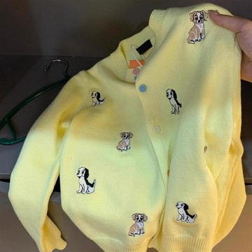 可愛趣味小狗刺繡 早秋薄款 黃色毛衣 開衫 外套女 春秋短款針織衫 上衣