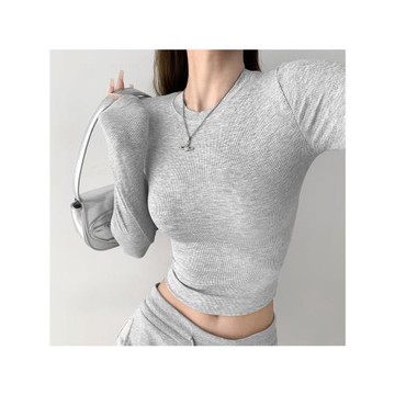 自留力推款!!緊身顯身材圓領長袖打底衫短款街頭辣妹露臍針織上衣