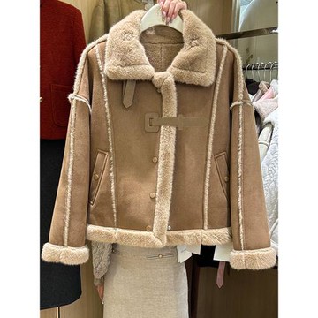 十三行冬季美拉德皮毛一體外套羊羔毛大衣短款棉服機車服上衣女裝