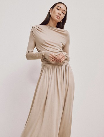 Romy Long Sleeve Draped Dress in Taupe - MicroModal Ninety Percent