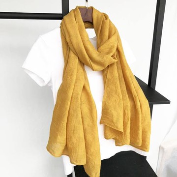 圍巾女春秋棉麻長款韓版純色百搭冬季薄款絲巾披肩兩用紗巾姜黃色