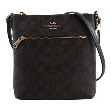 COACH 金馬車防刮滿版LOGO斜背扁包(深咖x黑邊)小款