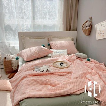 水洗棉日式格子簡約單雙人夏涼被四件套夏季薄被子空調被少女【聚物優品】