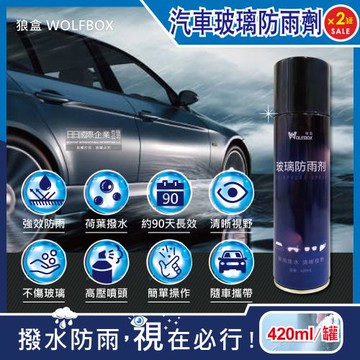 狼盒WOLF BOX 奈米科技免雨刷約90天長效撥水劑汽車玻璃防雨劑420mlx2藍罐(安全帽,後照鏡,眼鏡,遊艇,輪船玻璃精¬)
