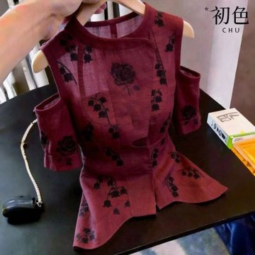 初色 法式純色圓領玫瑰花印花露肩短袖上衣女上衣-酒紅色-52546(M-XL可選)