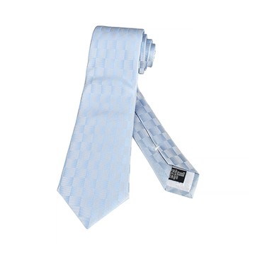 EMPORIO ARMANI刺繡老鷹LOGO漸層雙色格紋設計真絲領帶(寬版/淺藍x灰)