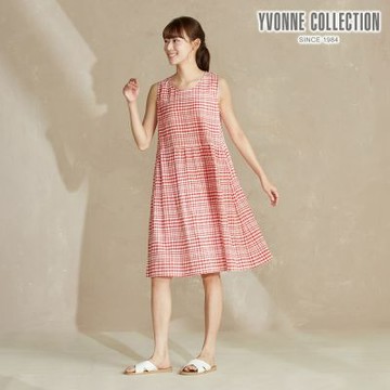YVONNE 以旺傢飾 皺皺格紋無袖洋裝-紅