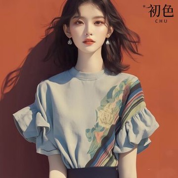 初色 韓版純色圓領荷葉邊花卉印花短袖上衣女上衣-灰色-11328(M-2XL可選)