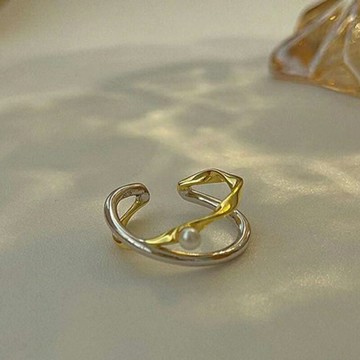 DIY珍珠小配件 S925純銀戒指空托 K金版指環銀飾托 配5-6mm圓扁珠