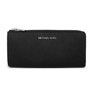 MICHAEL KORS 銀字LOGO 防刮皮革L型拉鍊長夾(黑色)