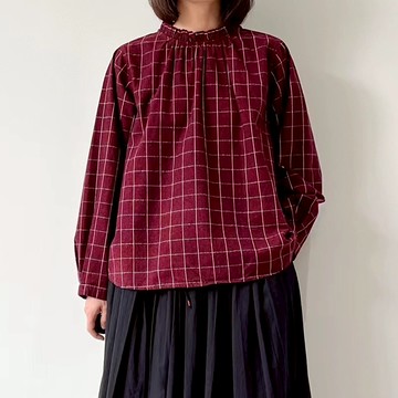 日系格紋抽褶立領上衣633180