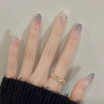 ✨台灣出貨✨春天新款仙女淺紫冰透漸變穿戴甲高級感氣質顯白溫柔中長手工美甲