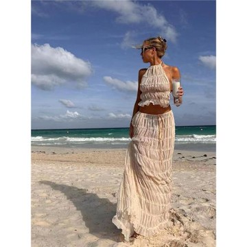 歐美海邊度假露背掛脖上衣抽繩褶皺裙子兩件套女Women sexy suit