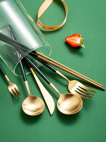 不銹鋼牛排刀叉盤子套裝家用西餐餐具北歐筷子網紅甜品飯勺三件套