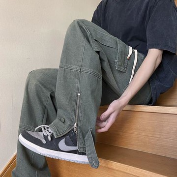 日系工裝牛仔褲男春秋新美式復古寬松闊腿褲直筒休閑長褲男款褲子