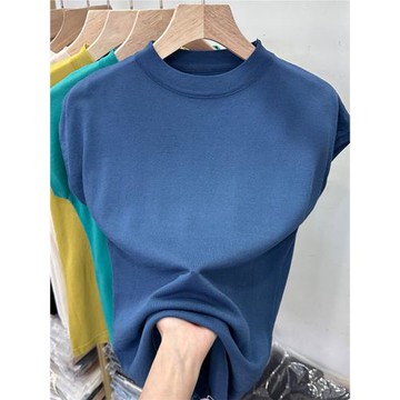 冰絲針織衫短袖t恤女夏季2025新款洋氣半高領氣質打底衫薄款上衣