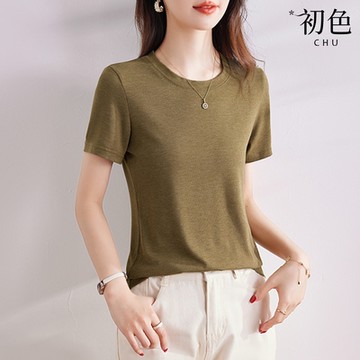 初色 輕薄舒適素色圓領短袖T恤上衣女上衣-共4色-35248(M-3XL可選)