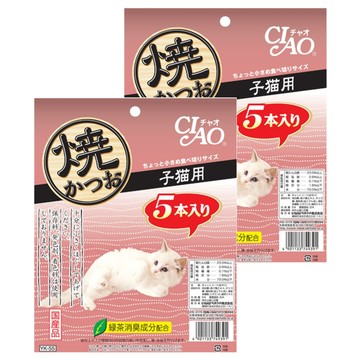 INABA CIAO 啾嚕 宗田鰹燒魚柳條 幼貓配方 5本入 綠茶消臭成分配合  宗田鰹+干貝海鮮  110g  2袋