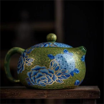 原礦紫砂綠泥西施壺掐金絲藍牡丹繡球花泡茶壺高端功夫茶壺
