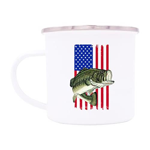 USA Tattered Flag Bass Patriotic Fishing Camp Mug Enamel Camping Coffee Cup