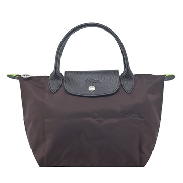 LONGCHAMP LE PLIAGE GREEN系列刺繡短把再生尼龍摺疊水餃包(小/摩卡棕)
