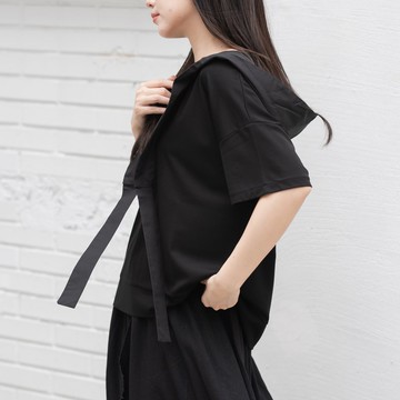 雙材質-連帽短袖上衣-黑色
