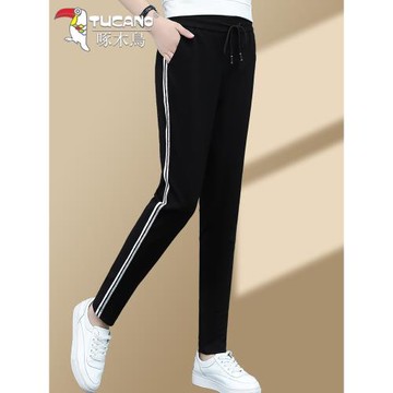 啄木鳥黑色休閑褲子女春秋季2025新款爆款衛褲中年媽媽九分直筒褲