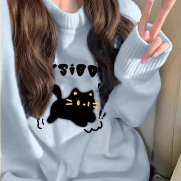 寬松加絨加厚毛衣2026秋冬新款超火潮流chic藍色圓領針織上衣女生