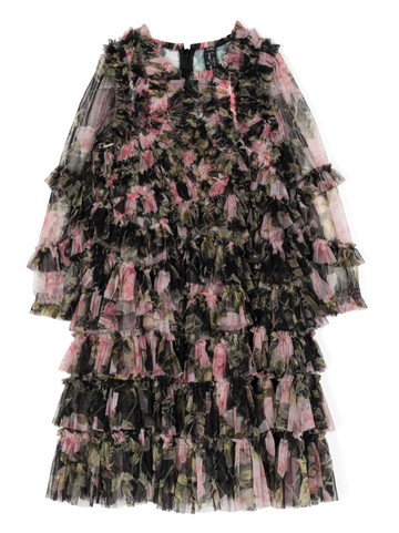 NEEDLE & THREAD KIDS - English Rose-print ruffled flared dress - kids - Nylon - 3 yrs - Black