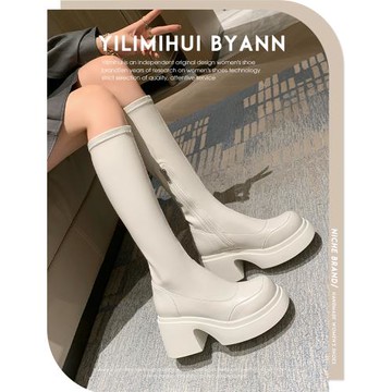 一力米灰 腿精穿搭~！厚底彈力不過膝瘦瘦靴女增高騎士靴長筒子靴