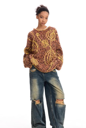 美式復古 火山地磁 彩花絨提花針織毛衣