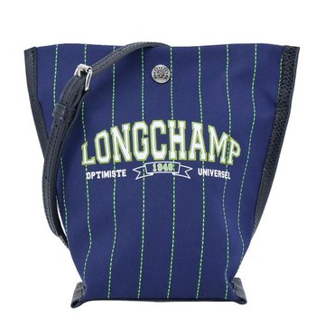 LONGCHAMP ESSENTIAL系列運動風棉質帆布細條紋斜背包(迷你/海軍藍)