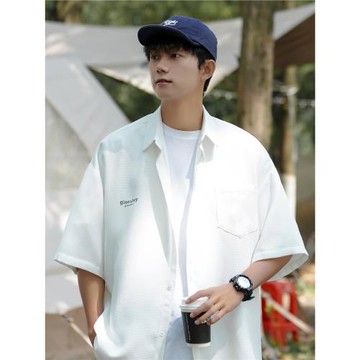華夫格短袖襯衫男日系復古cityboy上衣夏季薄款襯衣外套半袖寸衫