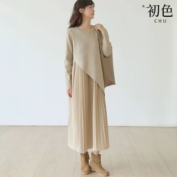 初色 韓版純色圓領假兩件針織拼接中長裙連衣裙連身洋裝長裙-共2色-18016(M-3XL可選)