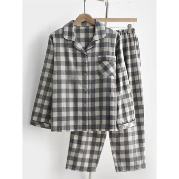 日式無印風格子睡衣男女春秋冬季純棉磨毛絨布長袖情侶家居服套裝