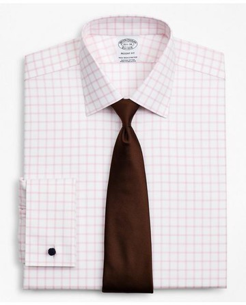 Brooks Brothers Men's Stretch Regent Regular-Fit Dress Shirt, Non-Iron Twill Ainsley Collar French Cuff Grid Check | Pink | Size 14½ 34