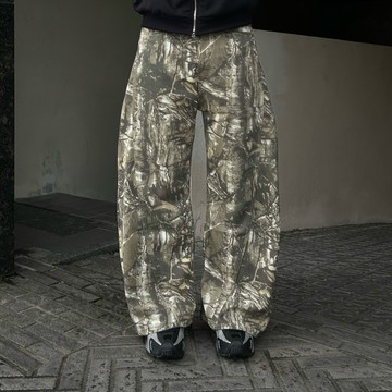 【ZY.STUDIO】樹枝 迷彩 草寫 粉色 刺繡 落地 樹枝褲 街頭 闊腿 長褲