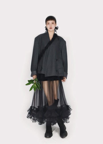 手工網紗拼接設計 花黑色羊毛針織背心連衣長裙