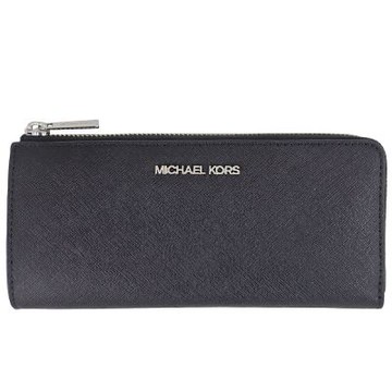 MICHAEL KORS Jet Set 黑色MK銀字至防刮皮革L拉鍊長夾